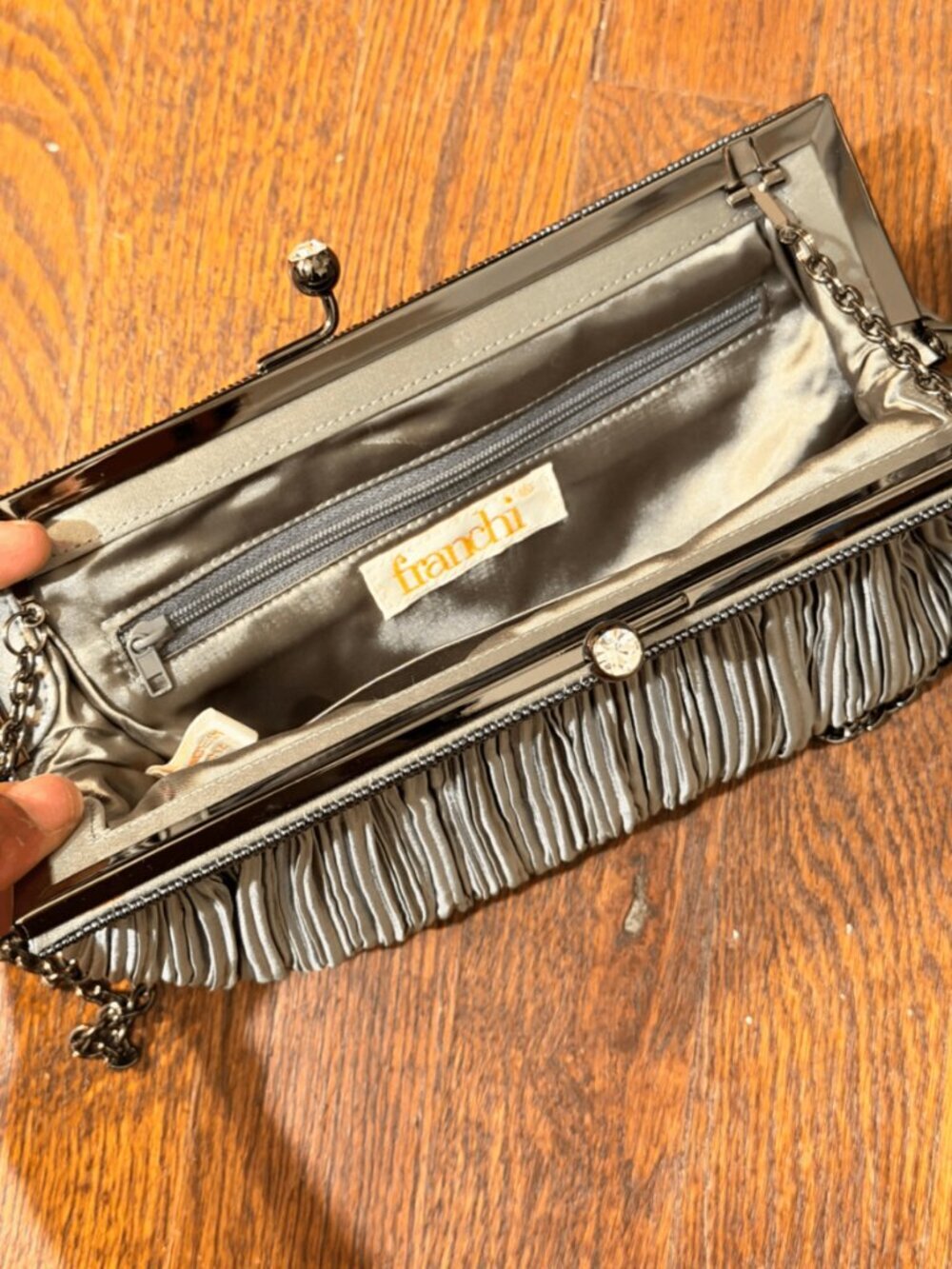 Franchi Slate Pleated Cocktail Clutch/Evening Bag with Chain Strap - Picture 3 of 5